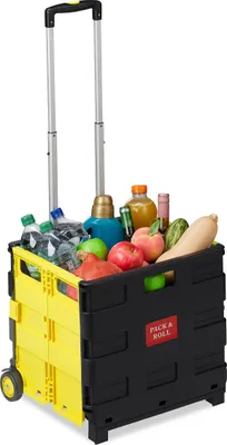 Zdjęcie produktu dla Składany wózek na zakupy Relaxdays, teleskopowa rączka, 2 gumowe kółka, nośność do 35 kg, wózek na zakupy, aluminium, ABS, kolor żółty