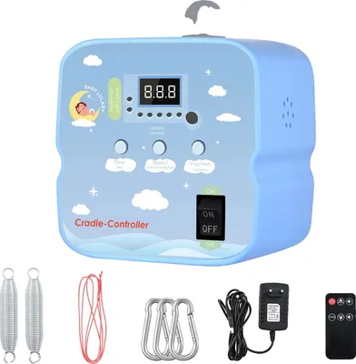 A blue baby cradle controller with various accessories laid out below it on a white background.