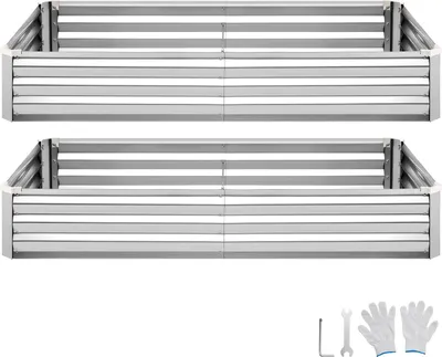 Produktbild von SucceBuy Hochbeet Metall 2er-Set 180x90x30 cm, Rechteckige Gartenbeete, Pflanzkasten-Set für den Außenbereich, Gemüsebeet mit Handschuhen, Bodenloses Blumenbeet, Pflanzbeet für Gemüse und Blumen, Silber