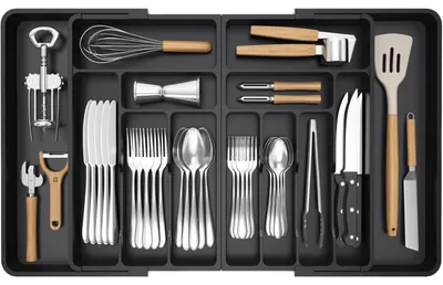 Image de Organiseur de tiroir à couverts extensible - Jusqu'à 91,4 cm - Plastique - Noir