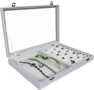 Produktbild von "2 in 1" Schmuckkasten Schmucklade Schaukasten Schmuckdisplay für Ketten Ringe Uhren mit Glasdeckel weiss