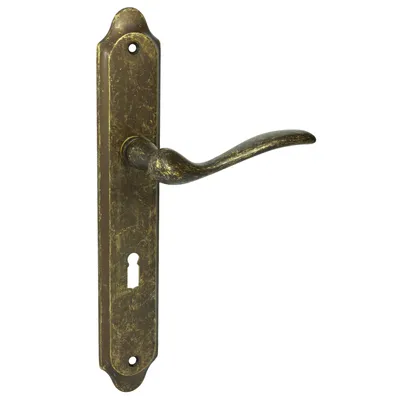 A single antique gold door handle set on a white background.