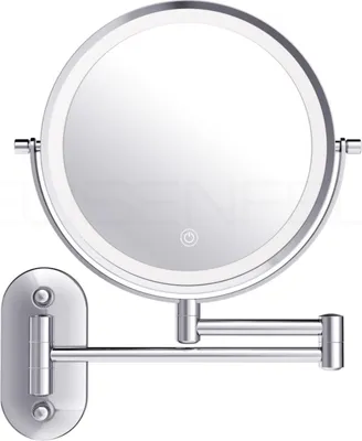 A wall-mounted LED makeup mirror with an adjustable arm.