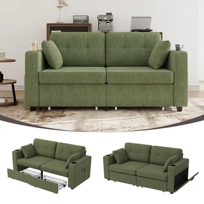 Produktbild von Moderne Polstercouch mit versteckten Fächern, 2-Sitzer Sofa mit Stauraumschubladen, USB Ladeanschluss, Getränkehalter & Seitentaschen