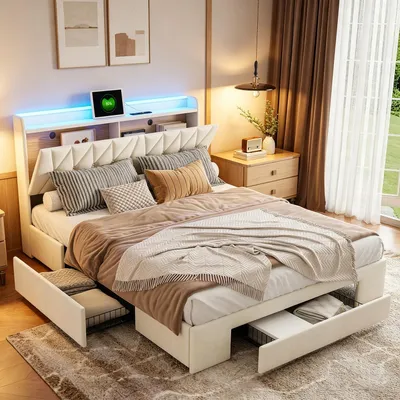 Produktbild von INONEFT Polsterbett 160x200 mit Stauraum Schubladen, Doppelbett mit LED/USB, Jugendbett mit Kopfteil, Bettgestell mit Lattenrost, Samt ,Beige