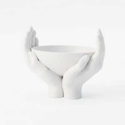 Produktbild von Dekoschale mit handförmigem Stand in weiß, 3D Druck, 13cm Höhe 15,3cm Breite
