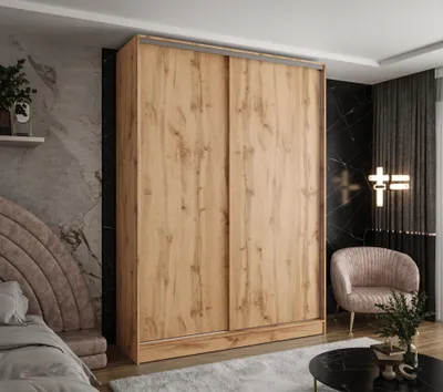 Produktbild von Moderner 2-türiger Kleiderschrank Eiche Wotan 140x58x250 cm – mit 4 Schubladen – Drehtürenschrank für Flur, Schlafzimmer oder Ankleidezimmer