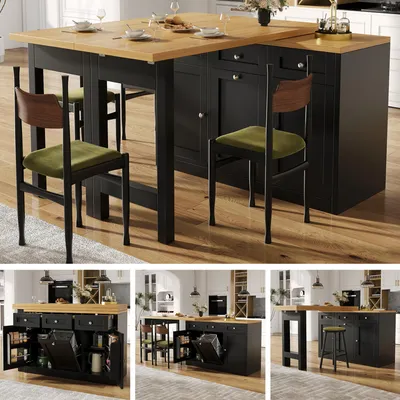 Produktbild von Ausziehbarer Bartisch mit Stauraum – klappbarer Esstisch mit Schublade, Snackablage & Mülleimerhalter, platzsparend für kleine Wohnungen & Küche, Schwarz