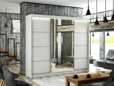 Produktbild von Kleiderschrank Padwa 250 cm inklusive 3 Schiebetüren mit Spiegel Kleiderstange Garderobe Schrank Lieferung bis in die Wohnung (Farbe: weiß und weiße Front)