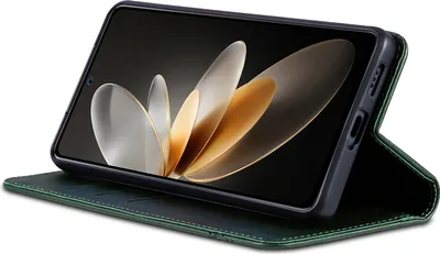A green leather flip case for a smartphone is shown in a studio setting.