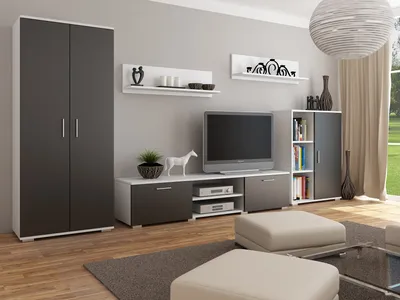 Produktbild von Wohnwand California Per La Vita Weiß Schwarz Modern Kleiderschrank, Wohnzimmerschrank mit Fernsehtisch, Sideboard und Wandregal, Wohnzimmer