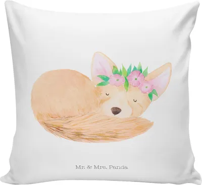 Produktbild von Mr. & Mrs. Panda Kissen 40x40 Wüstenfuchs Blumen - Weiß - Geschenk, Deko, Blumenkranz, Kuschel, Afrika, couch, kuschelkissen, für sofa, Polster, Glücklich, Wüste