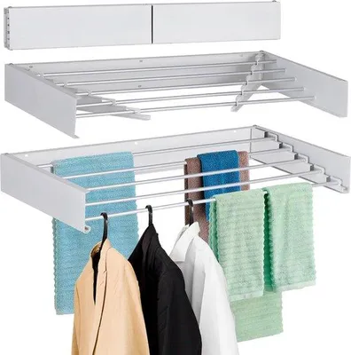 Zdjęcie produktu dla Składana suszarka ścienna, szerokość 80 cm, 5 aluminiowych prętów, waga 27,2 kg, kolor biały