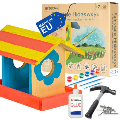 Produktbild von ITA DIY Futterhaus für Vögel zum Zusammenbauen und Bemalen BirdieBuffet - Vogelhaus Komplett Bausatz mit Hammer, Nägeln, Farben zum Bauen und Malen für Kinder - Bastelset für Jungen & Mädchen