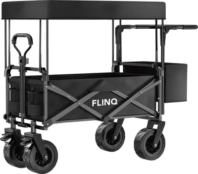 Produktbild von FlinQ Bollerwagen mit Dach bis 130 kg – faltbar – Strandwagen mit Schubstange – 100 l – drehbare Räder – Schwarz