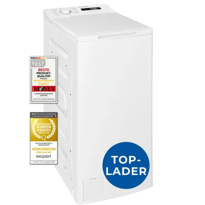 A white top-loading washing machine with several awards and labels on its side.