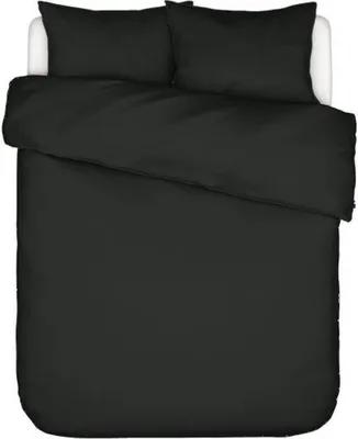 A top-down view of a black duvet cover and two black pillowcases on a bed.