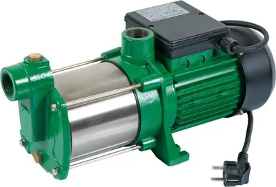A green and silver water pump with a black motor and power cord, isolated on a white background.