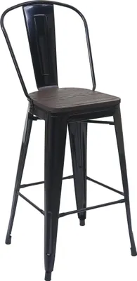 Immagine prodotto di Sgabello da bar HWC-A73 con seduta in legno, sgabello da bar con schienale, design industriale in metallo ~ nero
