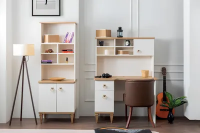 Productafbeelding van Bureau set, bureau, beigekleurd, boekenkast, bureaus, schrijf bureau, design, 2-delig, nieuw