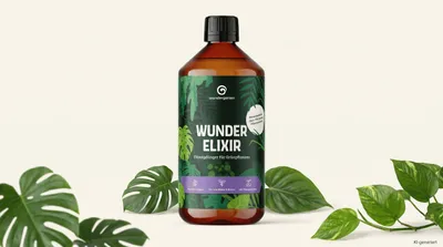 Produktbild von Flüssigdünger mit 15 % Pflanzenkohle 1 L - Wundergarten Wunderelixir - Organischer Grünpflanzendünger für Zimmerpflanzen, Monstera, Ficus & Palmen, KI-generiertes Bild