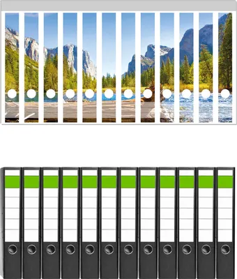 Produktbild von Wallario 12 Stück schmale Ordner inkl. Klebeetiketten mit Motive Baumstamm im Fluss zwischen Bergen und Wäldern -  Set mit Rückenschildern / Ordnerrücken Stickern