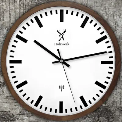 Produktbild von Holzwerk HOMBURG (FUNK) moderne Bahnhof Funk Holz Wanduhr, 30 cm, braun, weiß