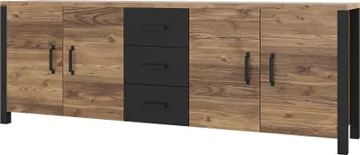 Produktbild von Furniture24 Sideboard OLIN 25 Kommode 220 cm breit mit 4 Türen 3 Schubladen Appenzeller Fichte/Schwarz matt, 220x79x48 cm