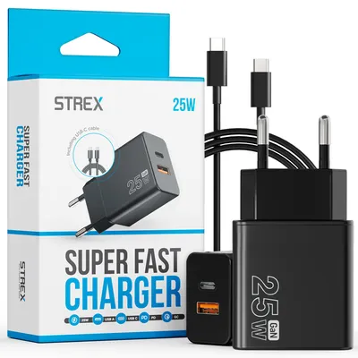 Produktbild von Strex USB-Ladegerät 25W - Schnellladegerät mit USB-A & USB-C - GaN - Schwarz – PD 3.0 + QC 3.0 - Inklusive USB-C Kabel