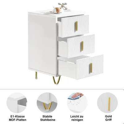 Obrázok produktu pre Nočný stolík – komoda – 3 zásuvky – MDF – moderný minimalistický štýl – výška 49–66 cm – biela