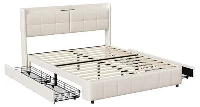 Zdjęcie produktu dla Łóżko dwuosobowe z tapicerowanym wezgłowiem - 160 × 200 cm - 4 szuflady - stelaż łóżka - porty USB - sztuczna skóra (PU) - kolor biały