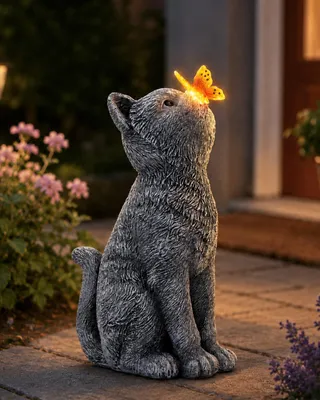 Katzenfigur mit Solar-Schmetterling, Gartendekoration, grau