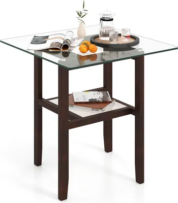 Produktbild von COSTWAY 61 cm langer und breiter Beistelltisch aus Glas, 2-stöckiger Glastisch mit Ablagefläche und Rahmen aus Gummibaumholz Akzenttisch braun
