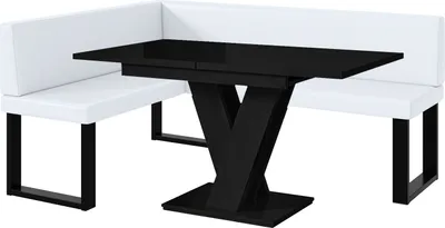 Produktbild von MEBLINI Eckbank für Esszimmer mit ausziehbarem Tisch - Küchenbank - Essecke - Sitzecke Küche - TONI - U-Beine 128x168x87cm Links - Weiß Kunstleder/M Schwarz Hochgl.