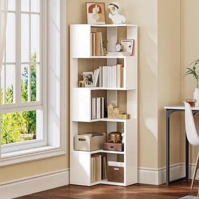 Immagine prodotto di Libreria a colonna, 6 ripiani, in legno, 160 cm, a forma di L, autoportante, bianca