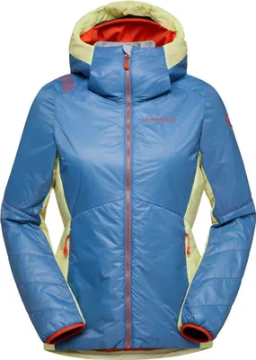 La Sportiva "Alpine Guide Primaloft Hoody W"; Damen-Isolationsjacke in Blau und Gelb; mit Kapuze und Reißverschlusstaschen.