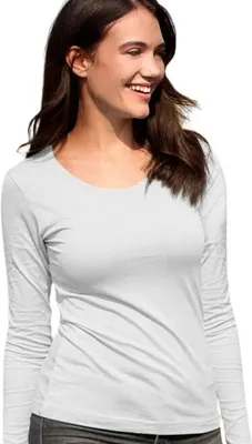 A woman wearing a white long-sleeved t-shirt.