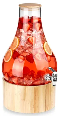 Zdjęcie produktu dla Dozownik do napojów - szklany pojemnik - pojemność 6,5 litra - z kranikiem - z podstawką - do lemoniady, soków i ponczu - bezbarwny