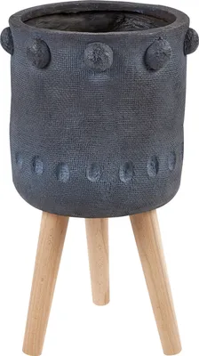 Produktbild von BELIANI Blumentopf Graphitgrau aus Magnesiumoxid Rund 24 x 24 x 55 cm mit Holzbeinen Muster Indoor Outdoor