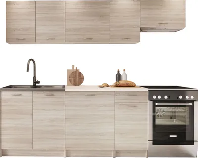 Produktbild von MIRJAN24 Küche Mela 240, Küchenzeile mit Arbeitsplatte, 7 Schrank-Module, Küche-Set, Küchenmöbel (Sonoma Eiche/Petra Beige, ohne Beleuchtung)