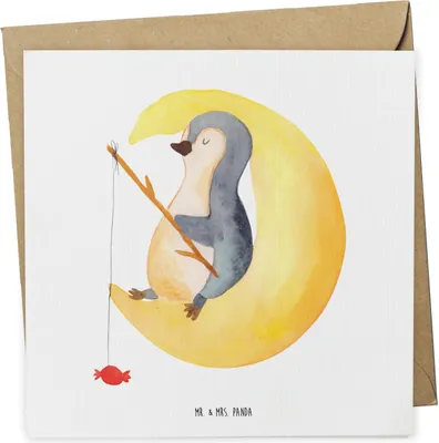 Produktbild von Mr. & Mrs. Panda Glückwunschkarte Pinguin Mond - Weiß - Geschenk, Angel, faltkarte, Erschöpft, doppelkarte, Grußkarte, anlasskarte, Spruch, Klappkarte, schlafen