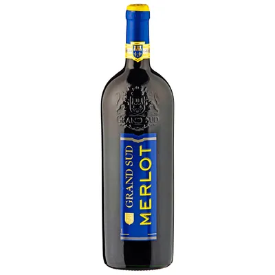 A bottle of Grand Sud Merlot wine against a white background.