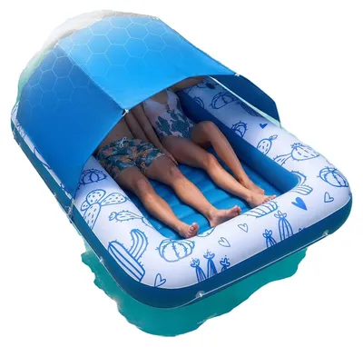 Immagine prodotto di Materasso gonfiabile VEVOR 208 x 140 cm, materasso gonfiabile da piscina con tettuccio parasole rimovibile UPF 50+, isola galleggiante con portata massima di 250 kg per 2 persone, inclusi cuscini, porta cellulare e portabevande per piscina e mare