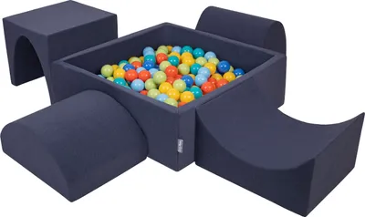 Produktbild von KiddyMoon spielplatz aus schaumstoff mit quadrat bällebad (300 bälle) ballgruben für babys spielbad hindernisläufen, hergestellt in der eu, dunkelblau:hellgrün/orange/türkis/blau/bblue/gelb