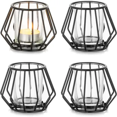 Productafbeelding van Theelichthouder, metaal, zwart, set van 4. Windlicht, 4 stuks, zwart - 1