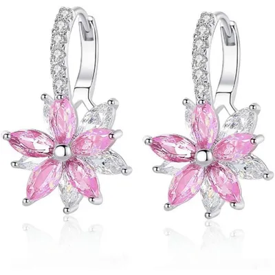 Produktbild von Creolen Blumen Klapp-Creolen mit Zirkonia 18K Weißgold vergoldet Rosa/Weiß Geschenkbox