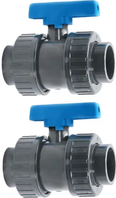 Produktbild von HAF 2x PVC 2 Wege Kugelhahn Blauer Griff mit 63mm | Klebemuffe x Klebemuffe | Absperrhahn aus grauem PVC-U | PN16 für PVC Verrohrung, Pool & Teich