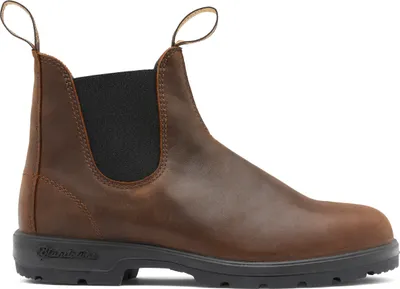 A single brown leather boot is shown against a white background.