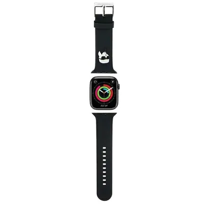 A black watch strap with a Karl Lagerfeld Karl Head graphic and an Apple Watch face.