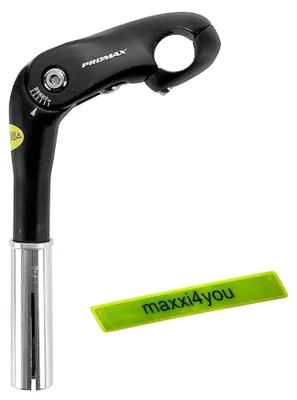 Immagine prodotto di Attacco manubrio Promax, diametro 25,4 mm, regolabile da 0 a 50°, lunghezza 70/180 mm, in alluminio nero, completo di strisce riflettenti